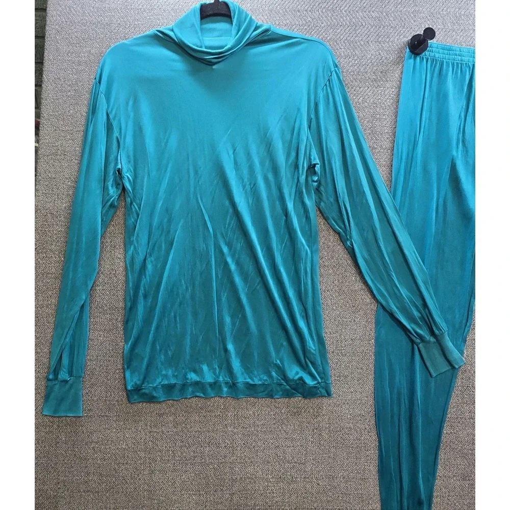 Vintage Gander Mountain 100% Silk Base Layer Set M Turquoise Turtleneck Long Joh